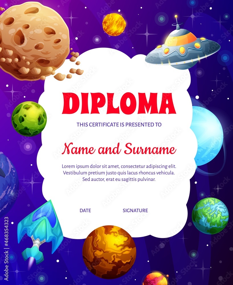Naklejka premium Kids cartoon diploma with starship and ufo, fantastic universe galaxy planets and stars in outer space. Children education achievement award, kids graduation diploma or certificate vector template
