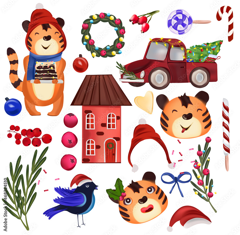 Naklejka premium Christmas collection with cute tigers, Chocolate cake, wreath, Christmas tree, cookies, candy, houses, Bird, tree branches. Tigers the symbol of the year 2022. Concept Christmas and New Year. Vector.