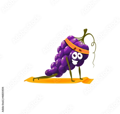 Bunch of grape in sport band doing yoga fitness exercises on pilates mat isolated cartoon character emoticon. Vector summer berries, muscat cardinal grapes on cluster, sportive healthy food dessert