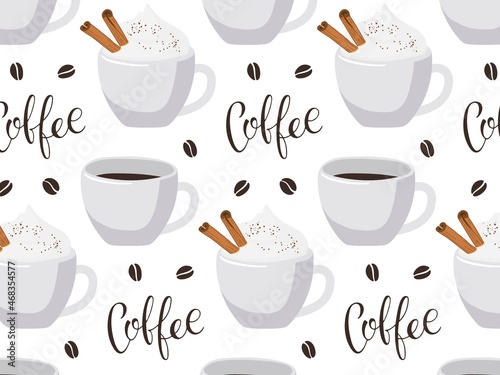 Coffee text with brown and cremy coffee mugs seamless pattern. Vector calligraphy lettering Template for coffee shop, restaurant, cafe. For menu, pack design, print design, poster, web banner.