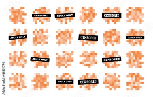 Censor mosaic pixel blur bars, censorship blurred nudity or adult content. Vector censored pixel mosaic signs set, censure pixelation effect for photo, app, tv and sensitive visual materials