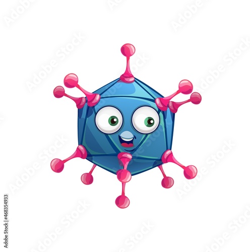Cartoon adenovirus cell vector icon, virus, bacteria or germ character with smiling face. Pathogen microbe monster with big wide open eyes, isolated blue cell of polyhedron shape