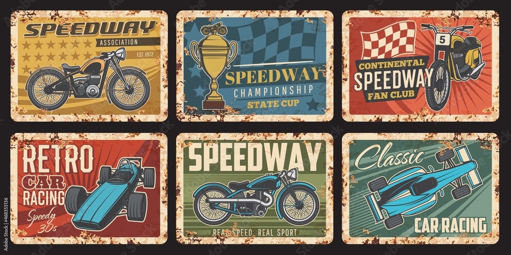 Fototapeta premium Race car, motorcycle and kart with finish flag vintage banners of vector racing sport, rally and motorsport. Auto racing retro vehicles, automobiles and bikes and championship trophy cups retro signs