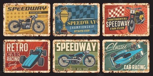 Race car, motorcycle and kart with finish flag vintage banners of vector racing sport, rally and motorsport. Auto racing retro vehicles, automobiles and bikes and championship trophy cups retro signs