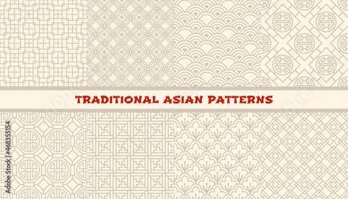 Asian ornaments seamless patterns. Korean, chinese and japanese abstract line background. Oriental decorative, floral and geometric vector backdrops, patterns for textile print, tile and covers design
