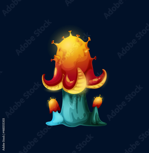Fantasy magic octopus mushroom with tentacles. Toxic vector luminous fungus with suckers on cap and palps. Unusual fairy tale ui game asset, Natural gui element, interface, cartoon sea monster plant