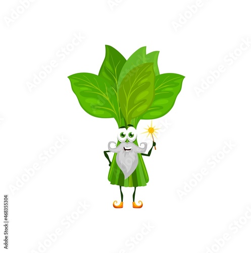 Cartoon green spinach wizard character or magician vegetable with magic wand. Vector cartoon personage of fairy tale sorcerer or spinach conjurer with golden magic wand