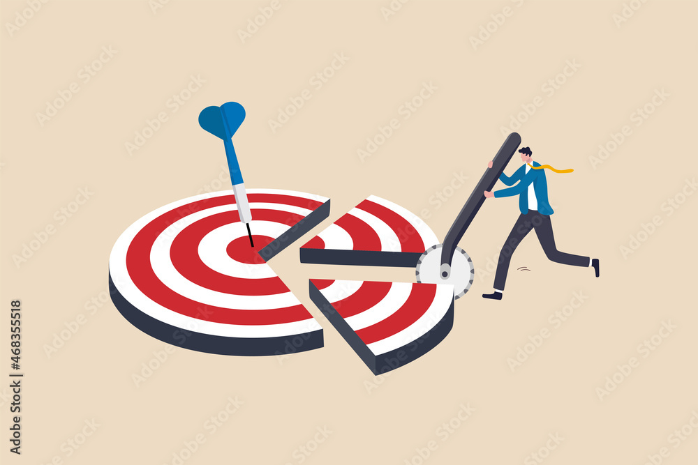 Break down big goal into small achievable goals, success strategy to focus on short, medium and long term goals to achieve final accomplishment, businessman break down dartboard target into chunks. - obrazy, fototapety, plakaty 