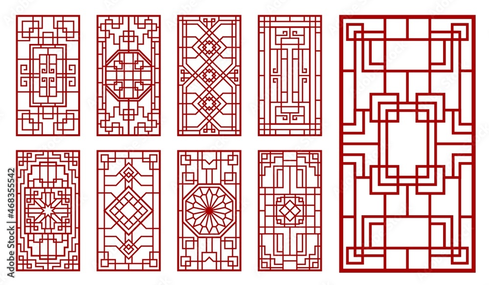 Asian window and door ornaments. Korean, chinese and japanese patterns. Oriental vintage vector wall or interior decorations with endless knot lattice or grid, floral and line rectangular ornaments - obrazy, fototapety, plakaty 