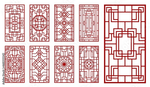 Asian window and door ornaments. Korean, chinese and japanese patterns. Oriental vintage vector wall or interior decorations with endless knot lattice or grid, floral and line rectangular ornaments photo