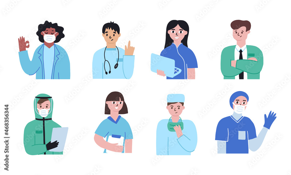 Set of doctors and nurses wearing face mask isolated on white. Set of doctors and nurses wearing face mask isolated on white.