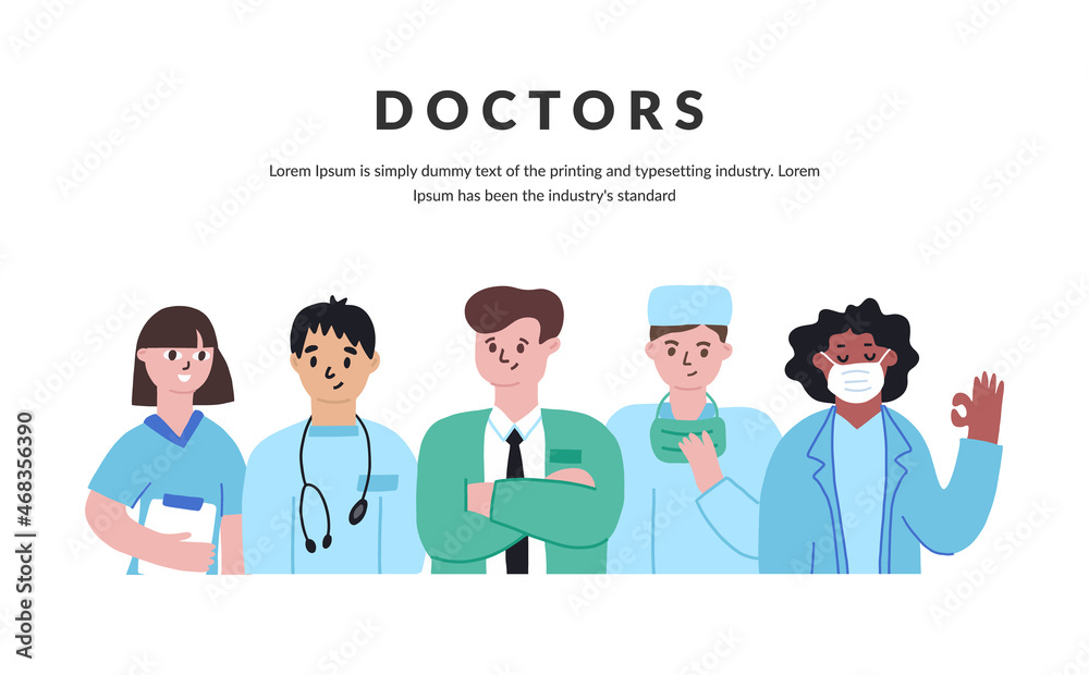 Set of doctors characters in white medical face mask. Set of doctors characters in white medical face mask.