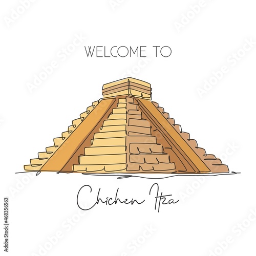 One continuous line drawing Chichen Itza Mayan Pyramid landmark. World iconic place in Yucatan Mexico. Holiday vacation wall decor art poster print concept. Single line draw design vector illustration