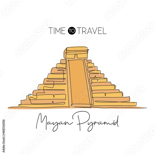 One single line drawing Chichen Itza landmark. World famous place in Yucatan, Mexico. Tourism travel postcard wall decor poster print concept. Modern continuous line draw design vector illustration