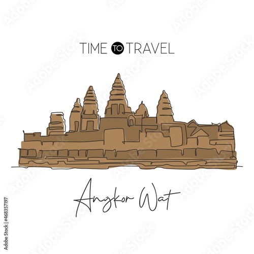 Single continuous line drawing Angkor Wat Temples landmark. Famous place in Siem Reap, Cambodia. World travel tour home art wall decor poster print. Modern one line draw design vector illustration