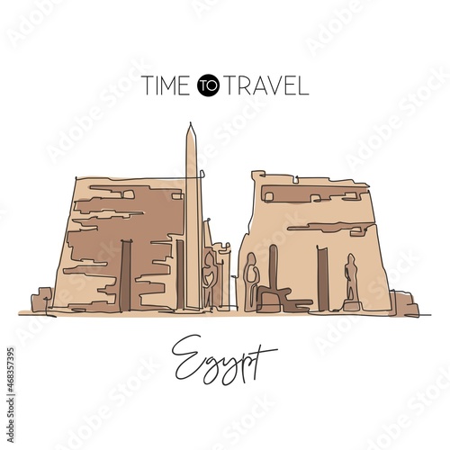 One continuous line drawing Ancient Egyptian Luxor Temple landmark. World iconic place in Egypt. Holiday vacation home decor wall art poster concept. Modern single line draw design vector illustration