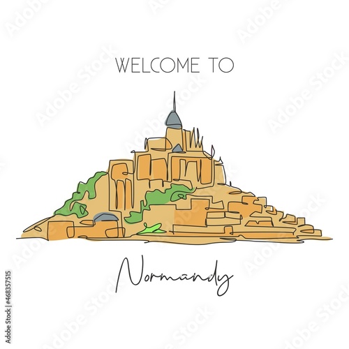 Single continuous line drawing Le Mont Saint Michel landmark. Beautiful famous place in Normandy, France. World travel tour home wall decor art concept. Modern one line draw design vector illustration