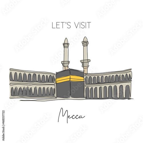 Single continuous line drawing Masjidil Haram landmark. Most holy place in Mecca, Saudi Arabia. Religious hajj and umrah travel wall decor art concept. Dynamic one line draw design vector illustration