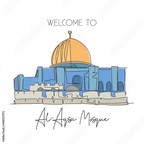 Single continuous line drawing Al Aqsa mosque landmark. Holy masjid place in Jerusalem. World travel campaign home art wall decor poster print concept. Dynamic one line draw design vector illustration