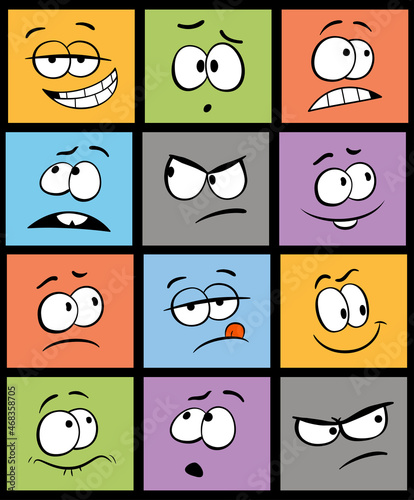 Set of cartoon face expression. Set of twelve comic face expressions. Funny expressive faces with different emotions: joy, fear, astonishment and curiosity in cartoon style. Caricature faces. Isolated