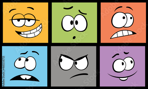 Set of cartoon face expressions. Funny cartoonish faces with different emotions: joy, fear, astonishment and curiosity. Different caricature emotions. Isolated icons set.
