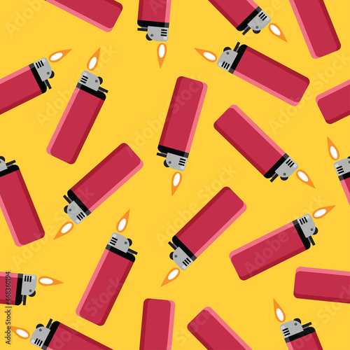 Red lighter with fire flame in seamless vector pattern