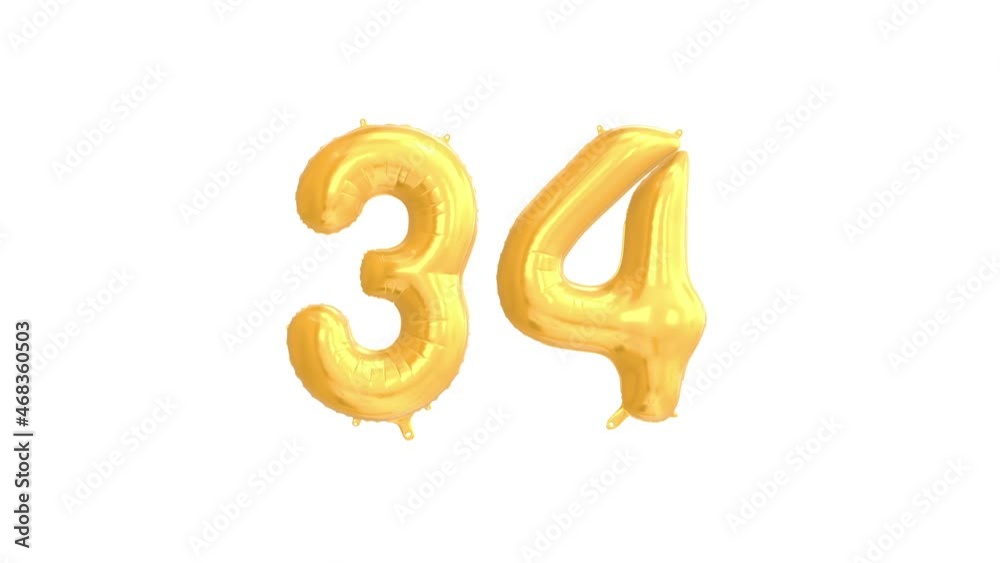 Helium Gold Balloon with Number - 34. Loop Animation with Alpha Luma Matte and Green Screen Background.