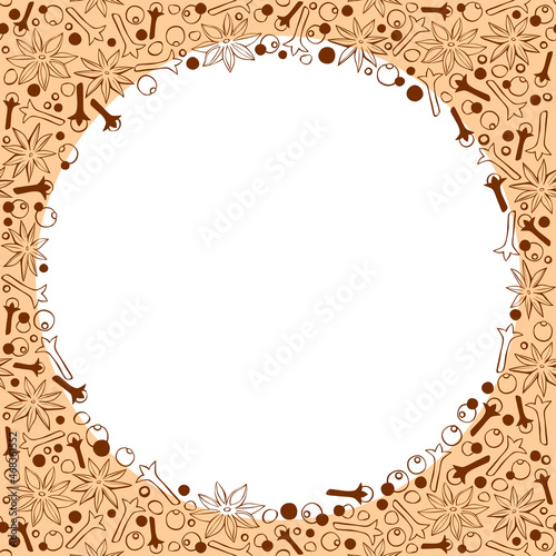 Vector frame made of star anise, carnation, pepper in doodle style. Background , border, decor with spice, seasonings. Template for menu, recipes