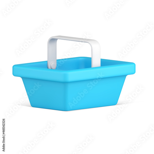 Blue supermarket basket for carrying 3d icon vector illustration. Grocery shopping plastic cart
