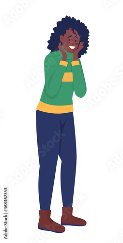 Excited woman semi flat color vector character. Posing figure. Full body person on white. Sweater weather isolated modern cartoon style illustration for graphic design and animation