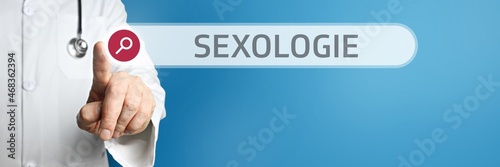 Sexologie. Arzt zeigt mit Finger auf Suchfeld im Internet. Text steht in der Suche. Blauer Hintergrund. Medizin, Gesundheitswesen photo