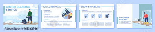 Winter snow cleaning services flat vector brochure template. Flyer, booklet, printable leaflet design with flat illustrations. Magazine page, cartoon reports, infographic posters with text space