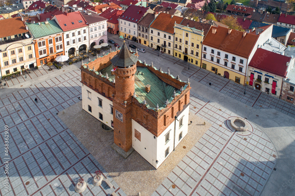 Tarnow, Poland. Town hall with an attic typical for Polish Renaissance. Aerial view from above with old town main square