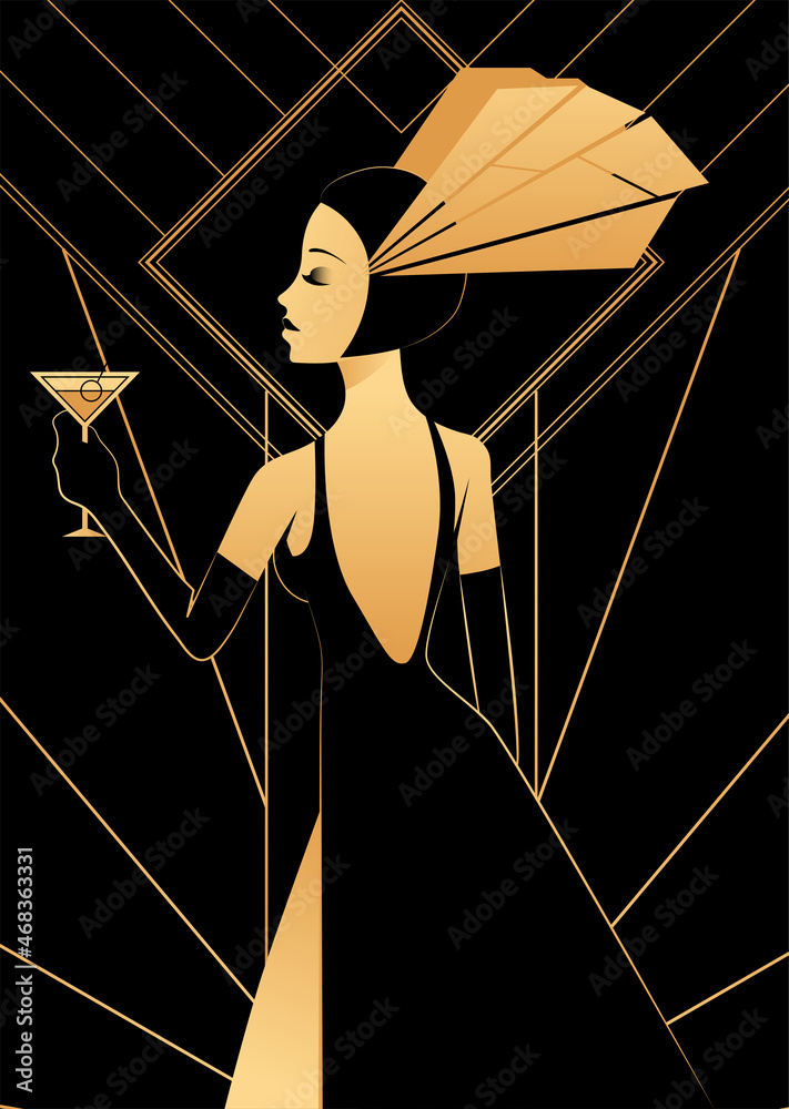 stylized female portrait in art deco style in black and gold colours ...