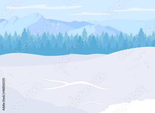 Mountain resort flat color vector illustration. Ski season. Outdoor recreation. Skiing and snowboarding opportunities. Mountain national park 2D cartoon landscape with snowy peaks on background