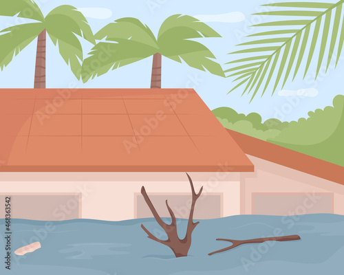 Tropical storms flat color vector illustration. Hurricane landfall consequences. Dangerous sea-level rise. Experiencing overland flooding 2D cartoon cityscape with palm trees on background