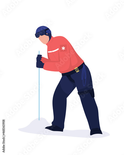 Rescuer using avalanche probe semi flat color vector character. Full body person on white. Identifying victim location isolated modern cartoon style illustration for graphic design and animation