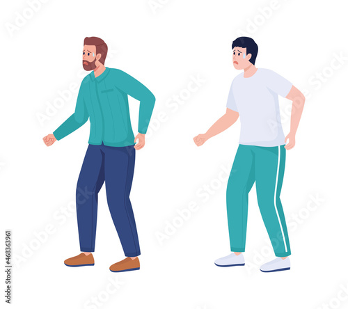Bothered men semi flat color vector characters set. Standing figures. Full body people on white. Feeling emotional tension isolated modern cartoon style illustrations for graphic design and animation
