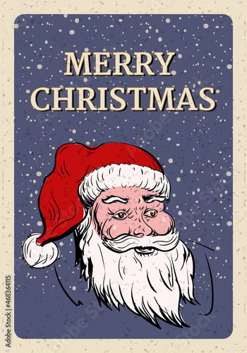 Merry Christmas poster, portrait Santa Claus, retro invitation. Vector illustration vintage
