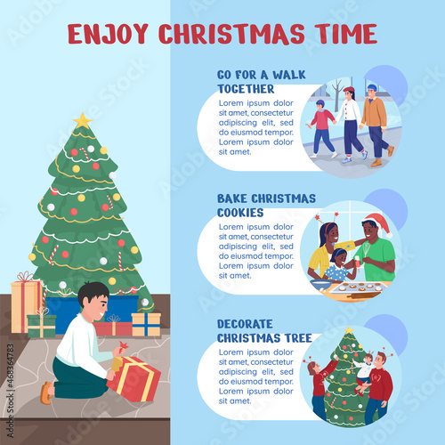 Enjoy Christmas time flat color vector infographic template. Winter festive holidays. Poster with text, PPT page concept design with cartoon characters. Creative data visualization. Info banner idea