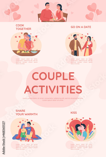 Couple activities flat color vector infographic template. Spending quality time togethe. Poster with text, PPT page concept design with cartoon character. Creative data visualization. Info banner idea