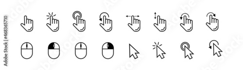 Mouse cursor icon set. Click hand pointer. Black finger touch screen symbol, clicking cursor arrow, mouse computer key. Click, tap, swipe, slide, hand signs.