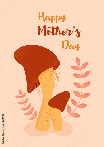 Mother's day card with Fungi Mother and son which hug. Gentle background. Text in English