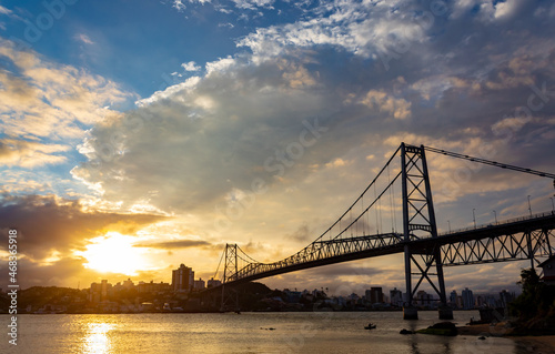 sunset and the Herc  lio Luz suspension bridge in the backlight in Florianopolis Santa Catarina Brazil Florian  polis