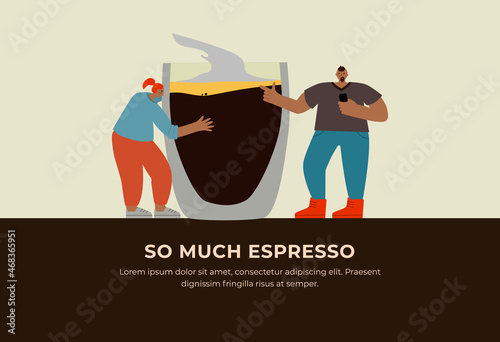 A girl with red hair hugs a large glass with coffee next a guy with a phone. People with a cup of americano on a light background flat vector banner. Hand drawn illustration of woman and man photo