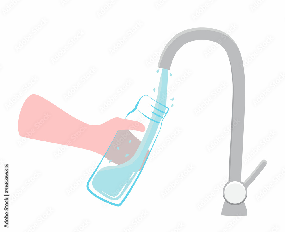 Hand draws drinking water from the tap into a glass bottle. Concept of conscious consumption. Illustration in flat style, isolated on white background. Hand draws drinking water from the tap into a glass bottle. Concept of conscious consumption. Illustration in flat style, isolated on white background.