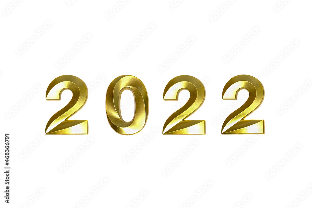 Happy New Year. Shiny golden numbers 2022 on a white background. Holidays concept. Flat lay, top view, copy space Happy New Year. Shiny golden numbers 2022 on a white background. Holidays concept. Flat lay, top view, copy space