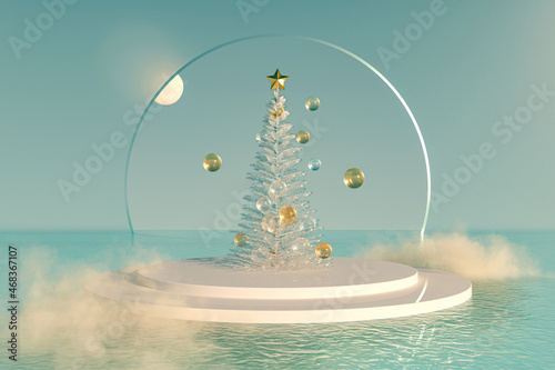 Abstract Christmas tree with a podium for product display. 3d rendering.