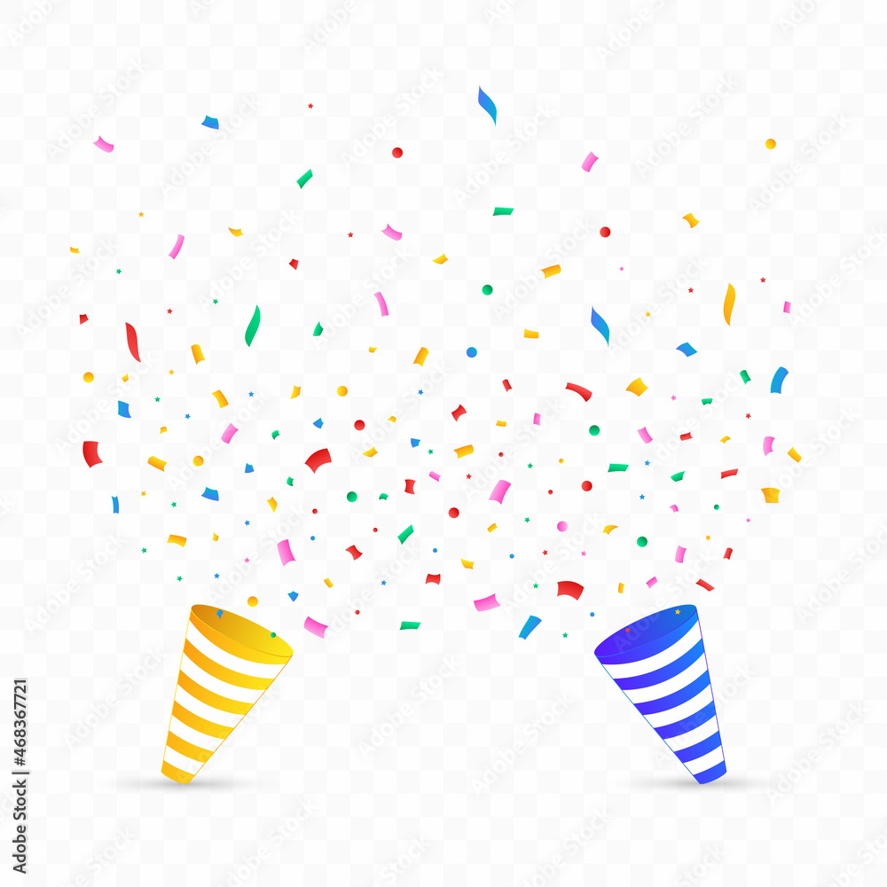 Obraz premium Confetti vector with party cap for festival background. Confetti and ribbon explosion background. Red, green, golden, blue confetti on transparent background. Event and party Celebration.