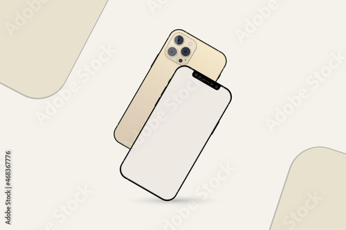iPhone mobile set vector with an off-white frame and a triple camera. Mobile phone backside and front side view with blank screens. Realistic cell phone, frame, triple camera, mobile for commercial.